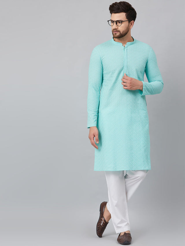 Buy Men's Lime Green Cotton Chikankari Embroidered Straight Kurta Online