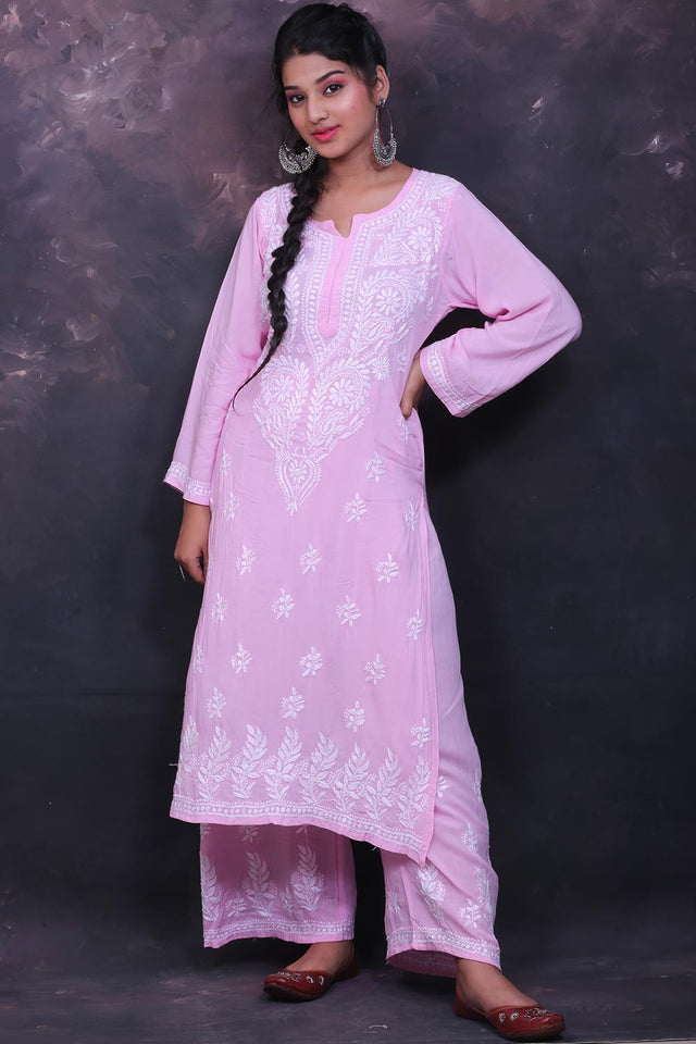 Hand Embroidered Chikankari Kurti And Palazzo Set In Pink