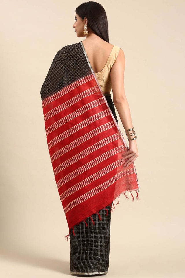 Black Art Silk Block Saree