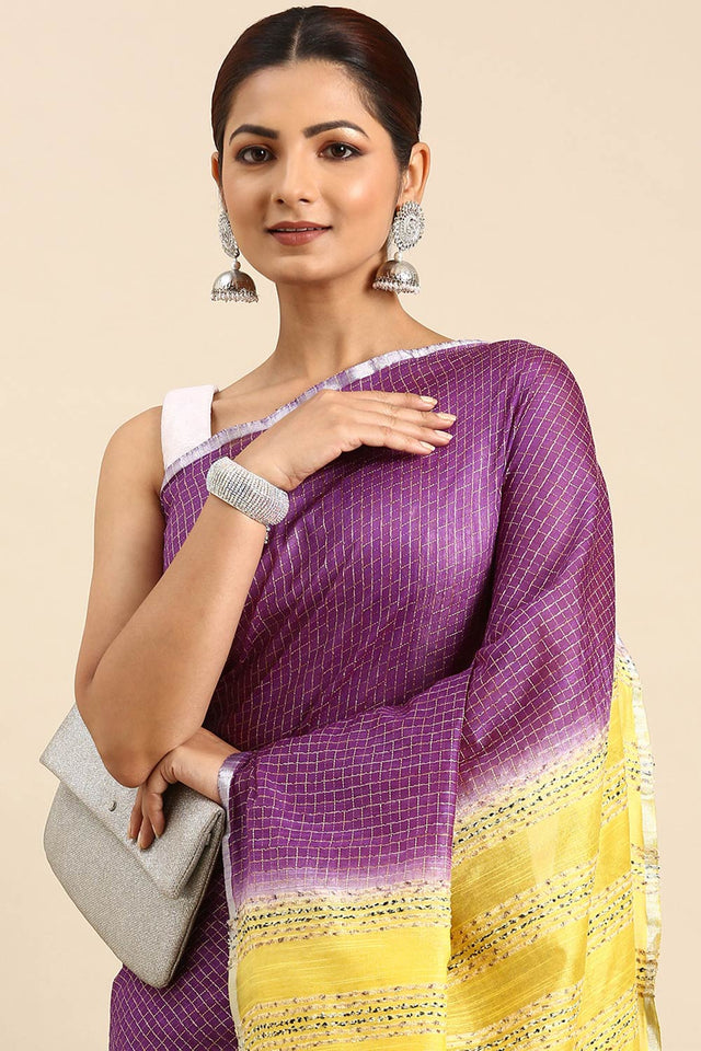 Purple Art Silk Block Saree