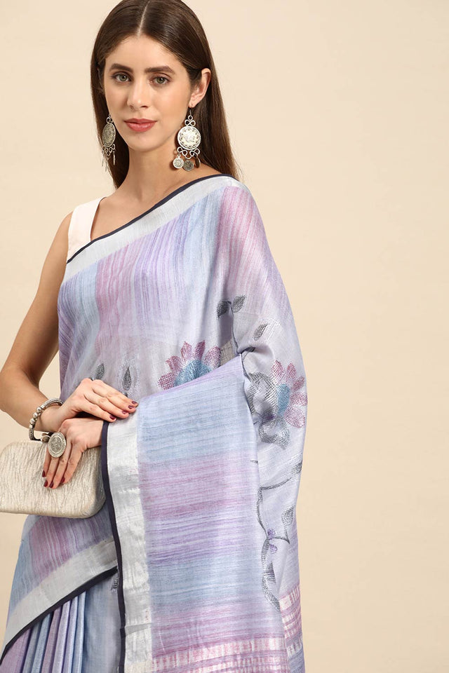Blue Cotton Floral Saree