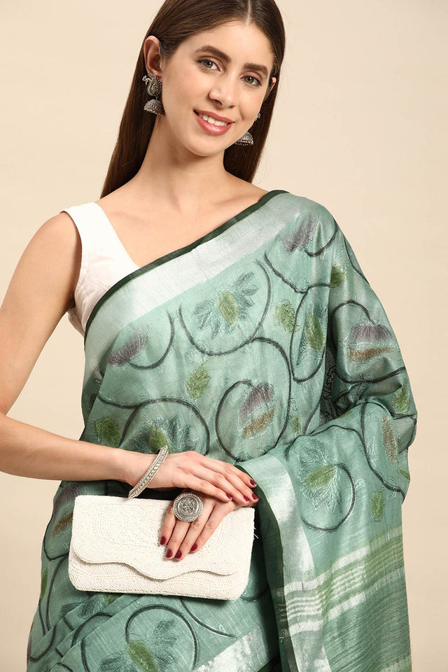 Green Cotton Floral Saree