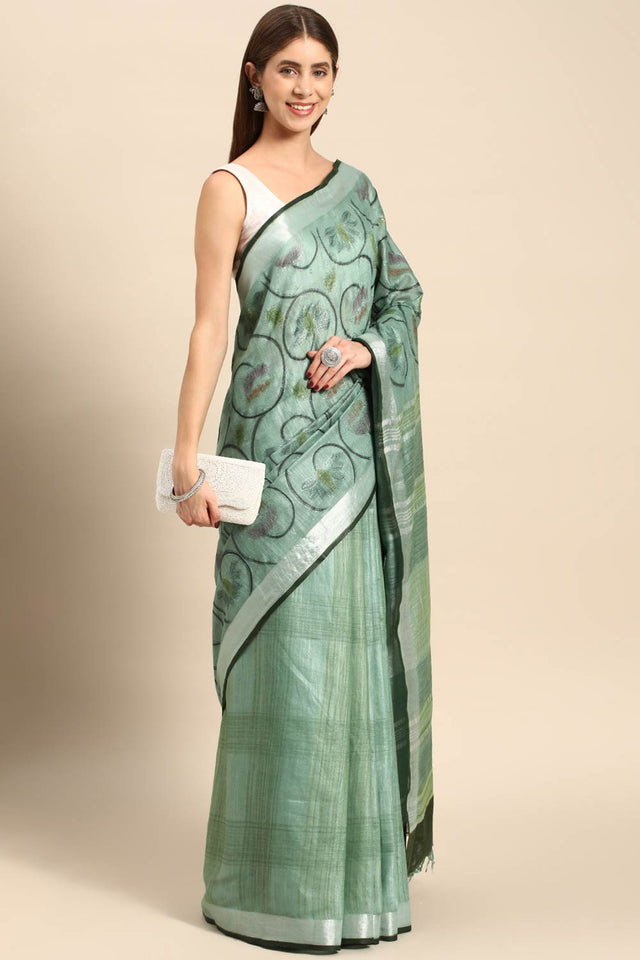 Green Cotton Floral Saree