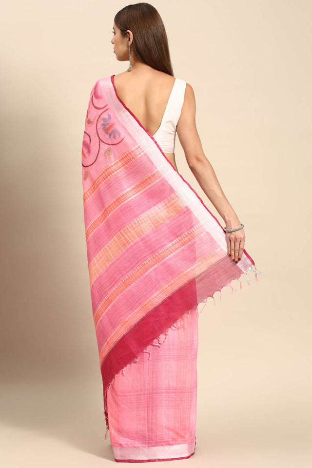 Pink Cotton Floral Saree