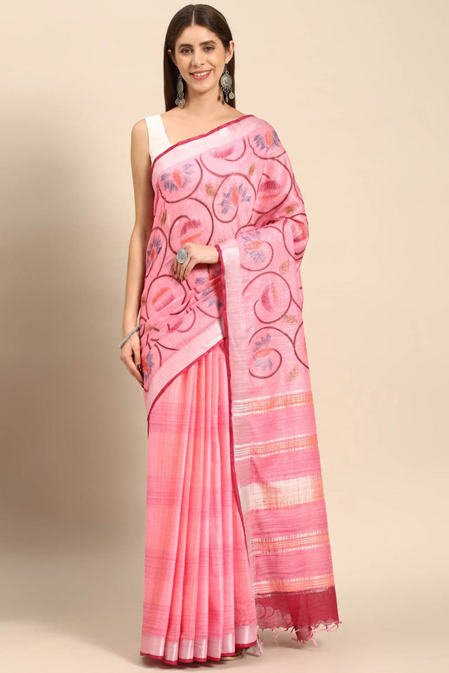 Pink Cotton Floral Saree