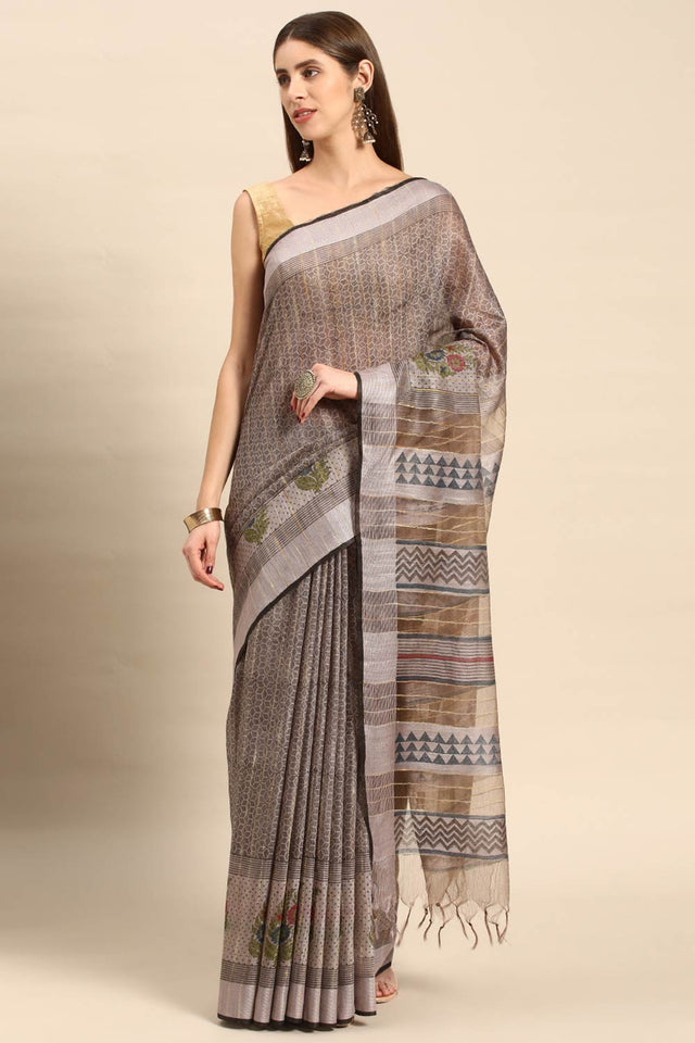 Grey Art Silk Embellished Saree