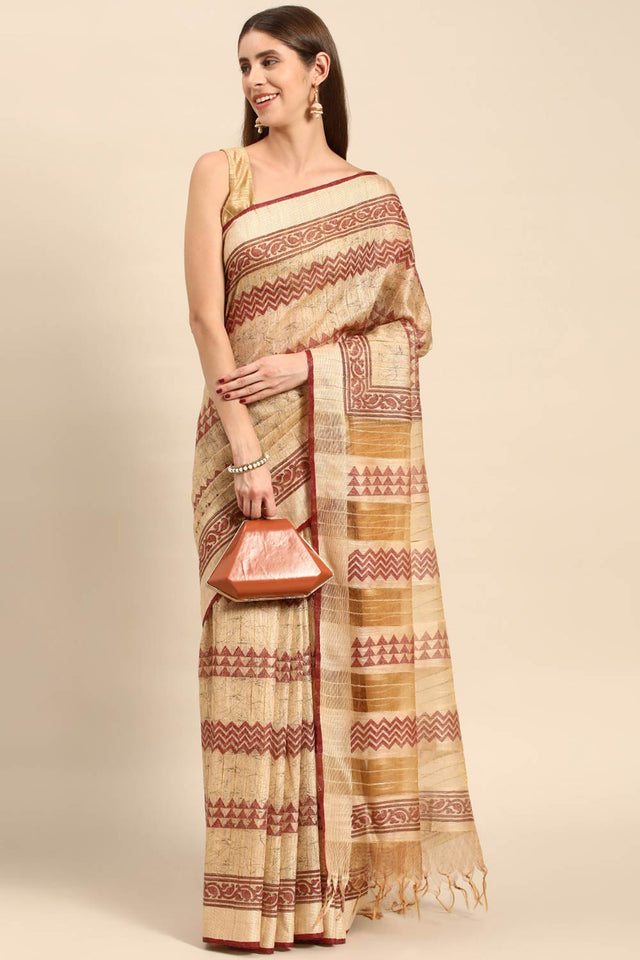 Brown Art Silk Geometric Saree