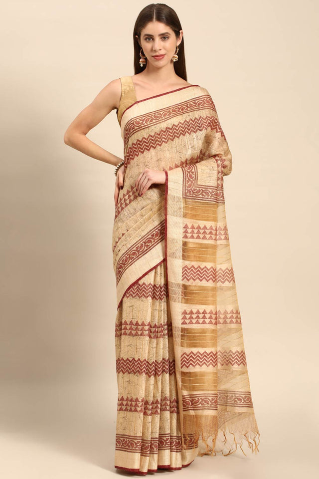 Brown Art Silk Geometric Saree