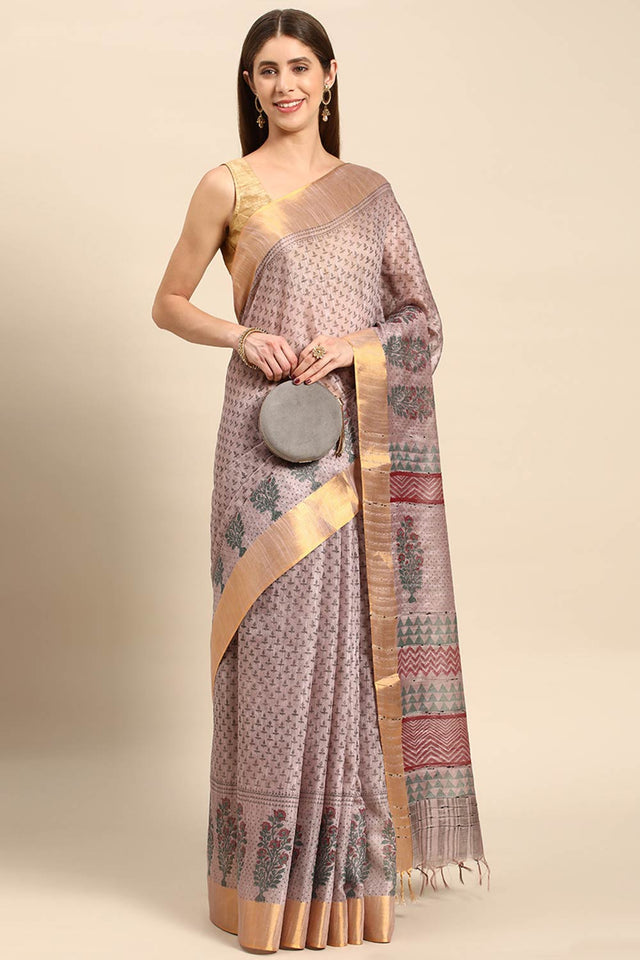 Grey Art Silk Block Saree