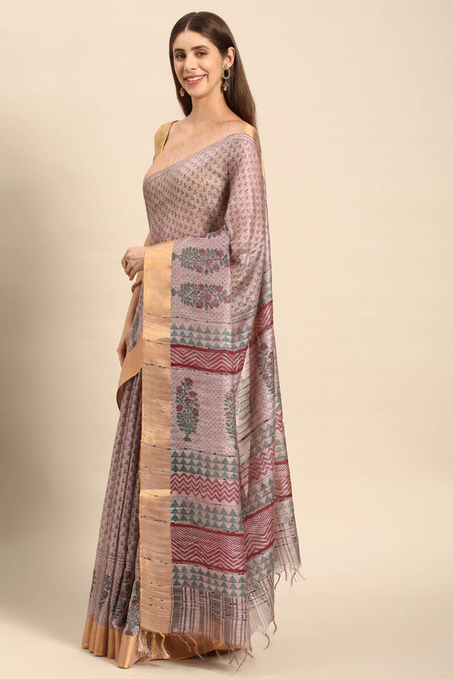 Grey Art Silk Block Saree