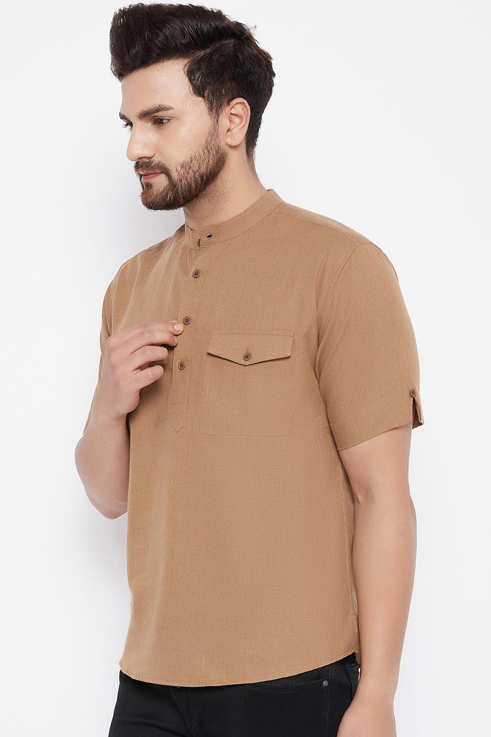 Buy Blended Cotton Solid Kurta in Beige Online - Front