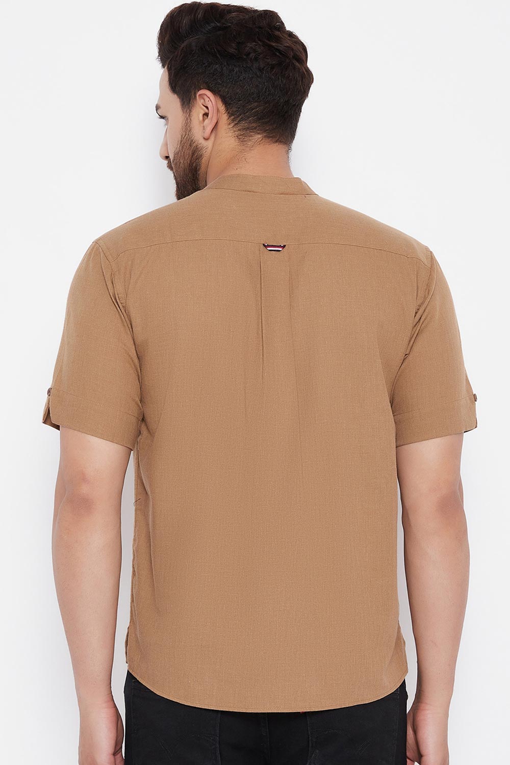 Buy Blended Cotton Solid Kurta in Beige Online - Zoom In
