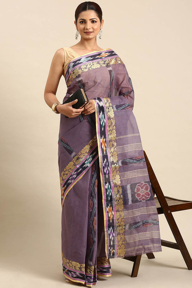 Grey Cotton Block Saree