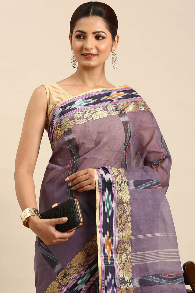 Grey Cotton Block Saree