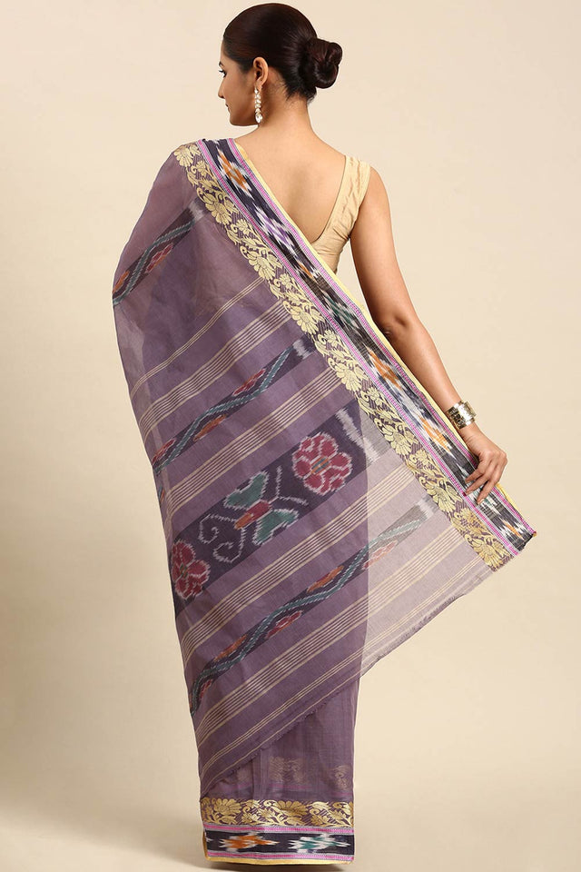 Grey Cotton Block Saree