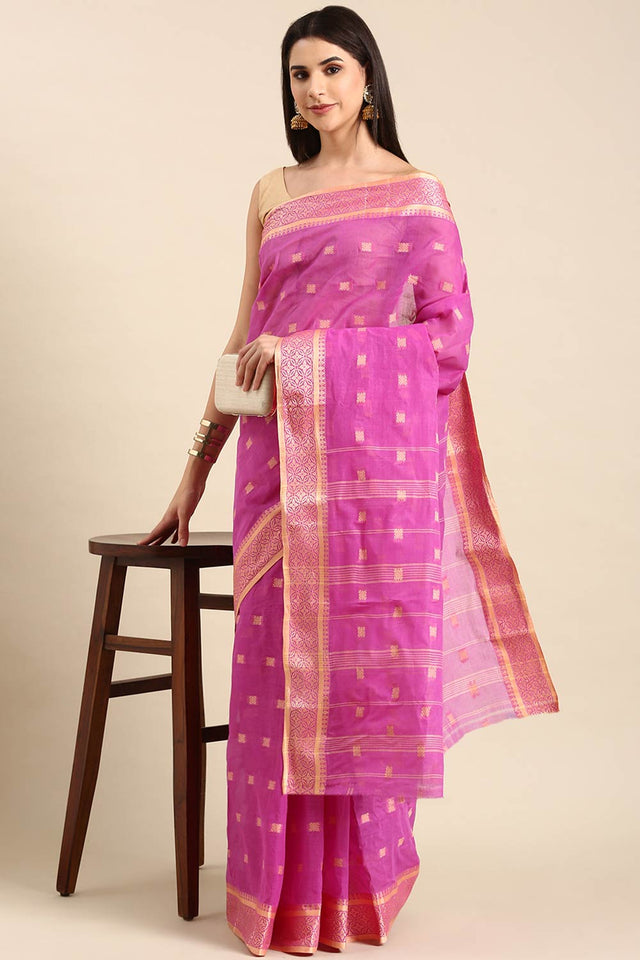Purple Cotton Block Saree