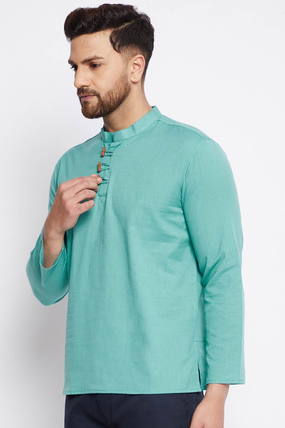 Buy Men's Cotton Solid Short Kurta in Blue - Back