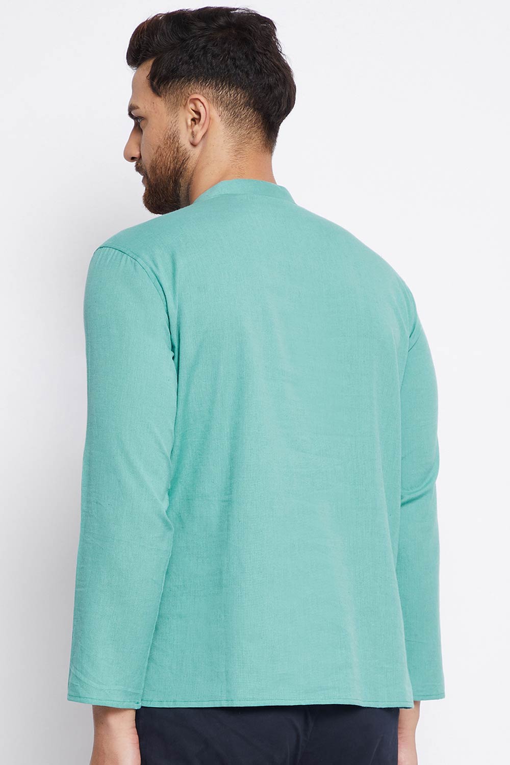 Buy Men's Cotton Solid Short Kurta in Blue - Front