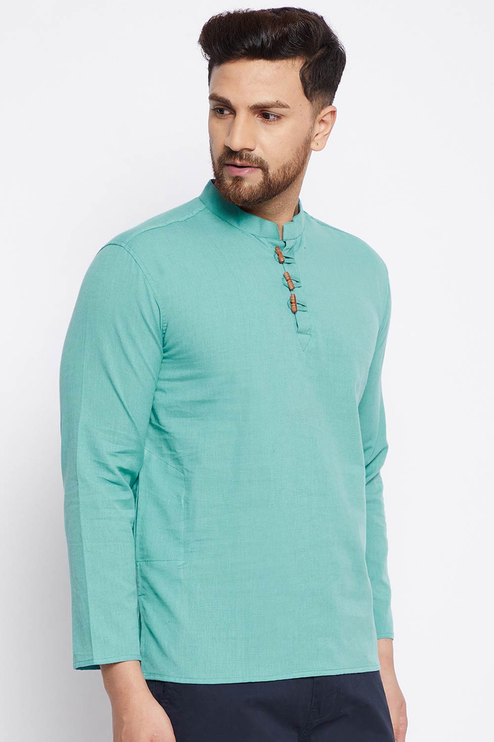 Buy Men's Cotton Solid Short Kurta in Blue - Zoom Out