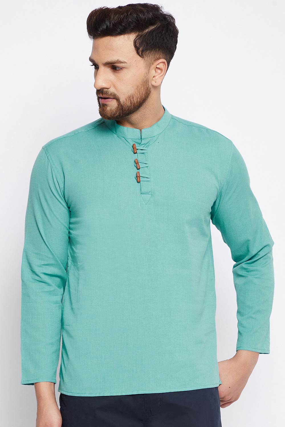Buy Men's Cotton Solid Short Kurta in Green Online