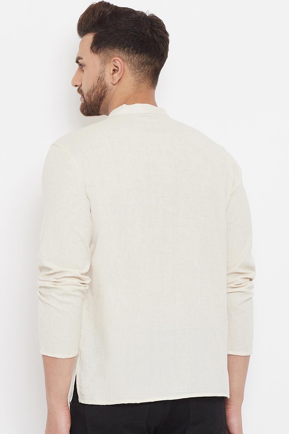 Buy Men's Blended Cotton Solid Short Kurta in Cream - Zoom In
