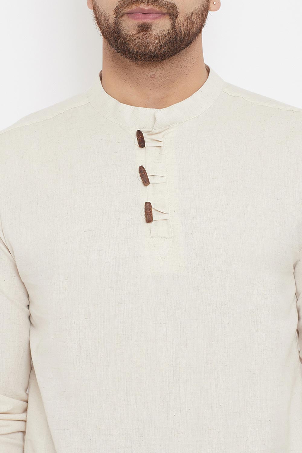 Buy Men's Blended Cotton Solid Short Kurta in Cream - Zoom Out