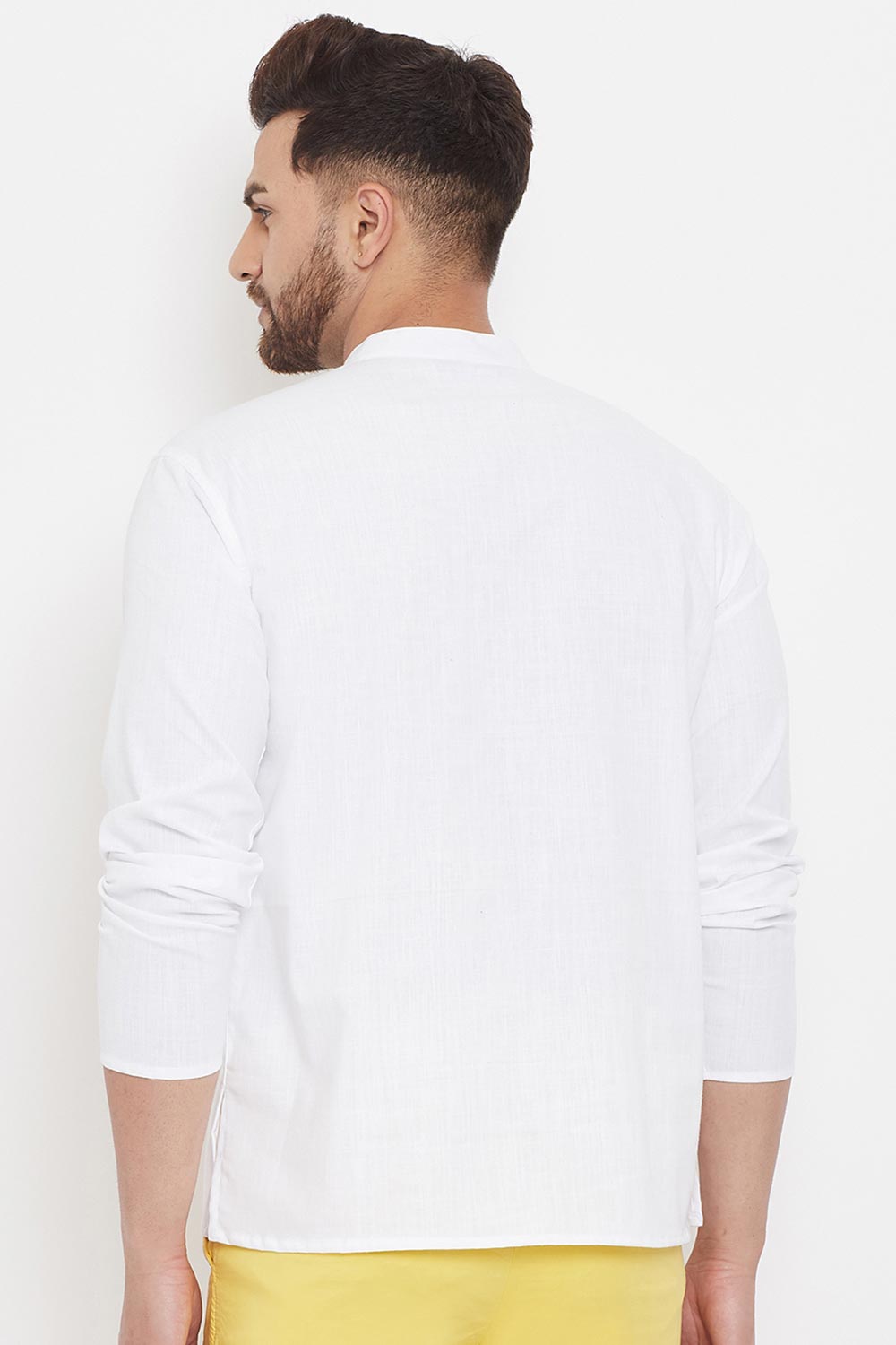 Buy Men's Blended Cotton Solid Short Kurta in White - Zoom In