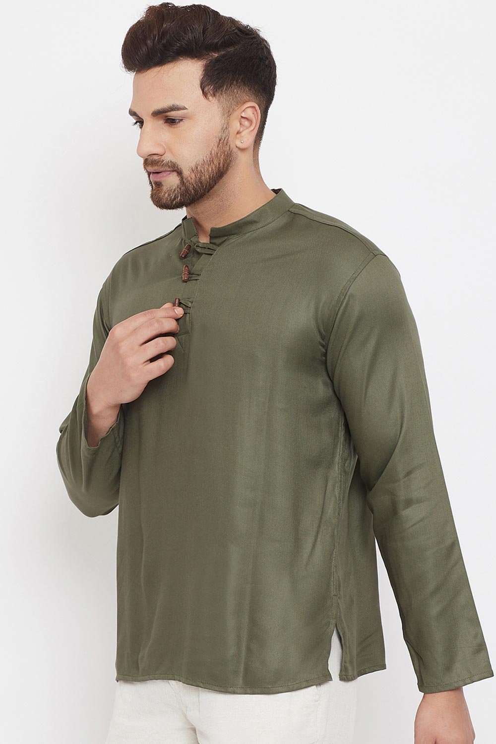 Buy Men's Blended Cotton Solid Short Kurta in Green - Front