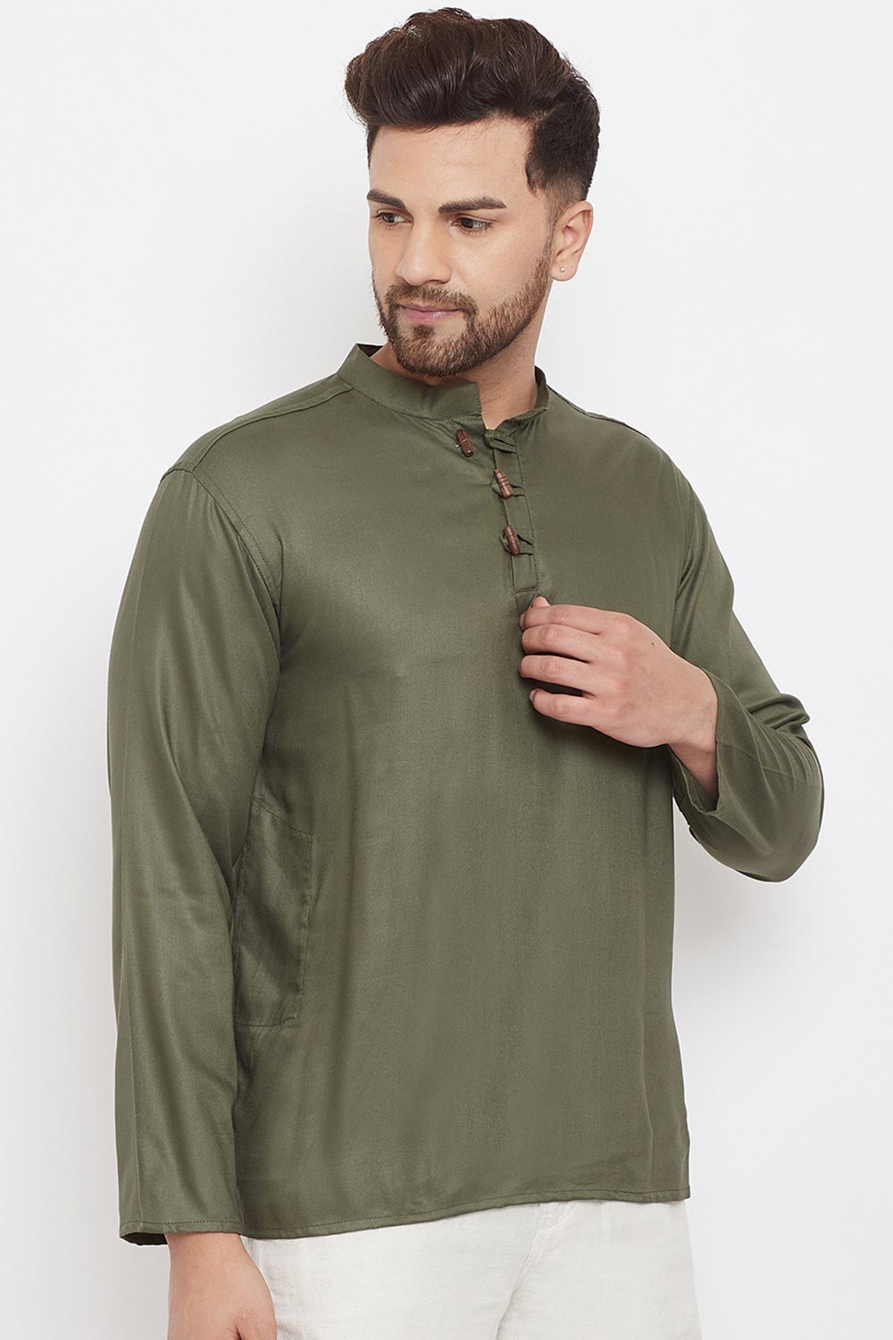 Buy Men's Blended Cotton Solid Short Kurta in Green - Side