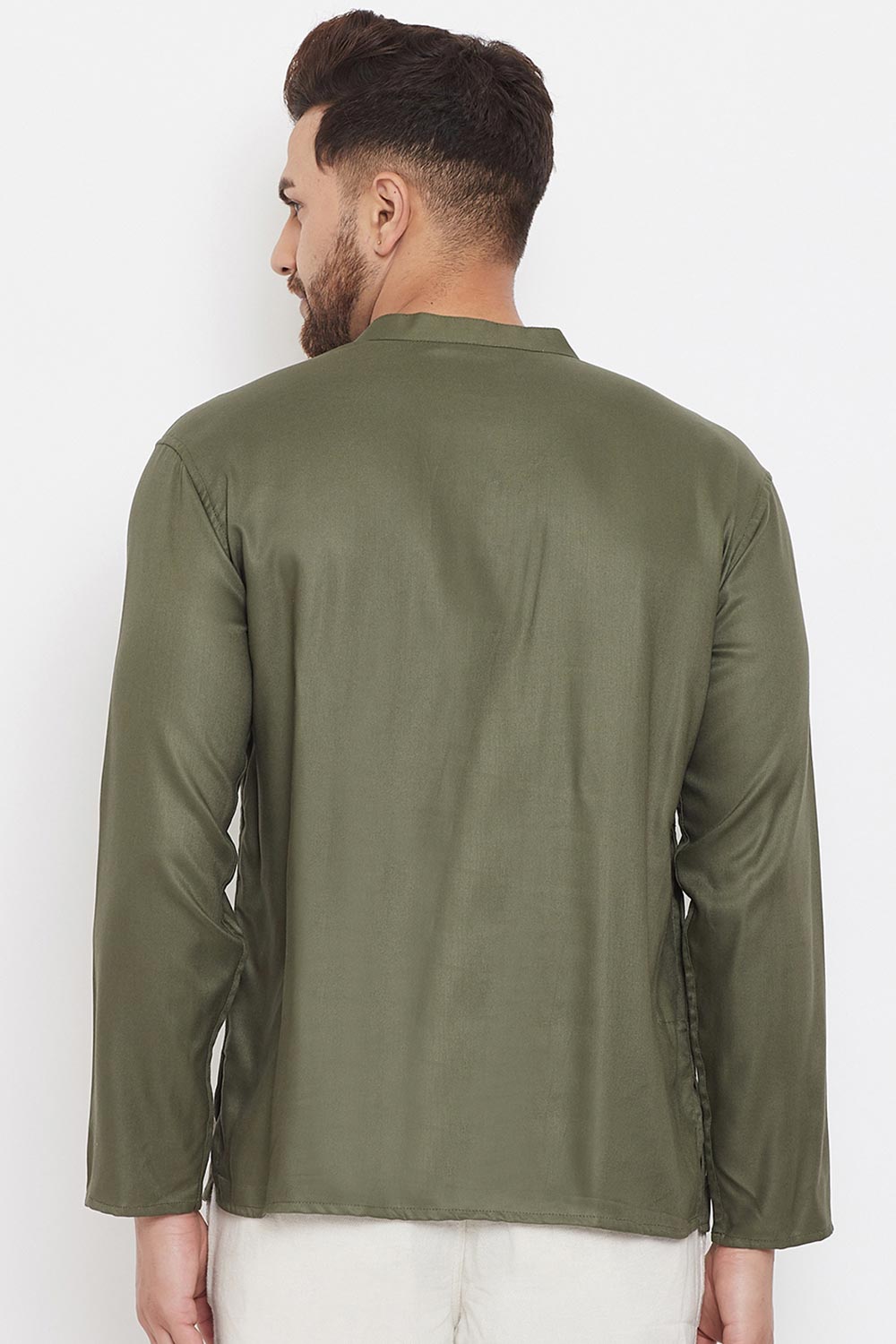 Buy Men's Blended Cotton Solid Short Kurta in Green - Zoom In