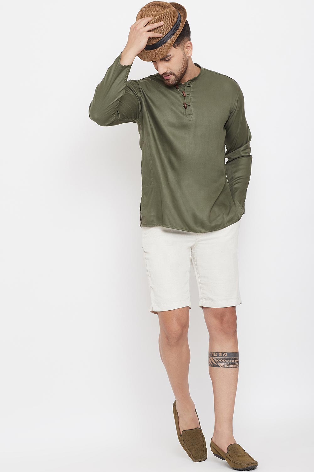 Buy Men's Solid Short Kurta in Green