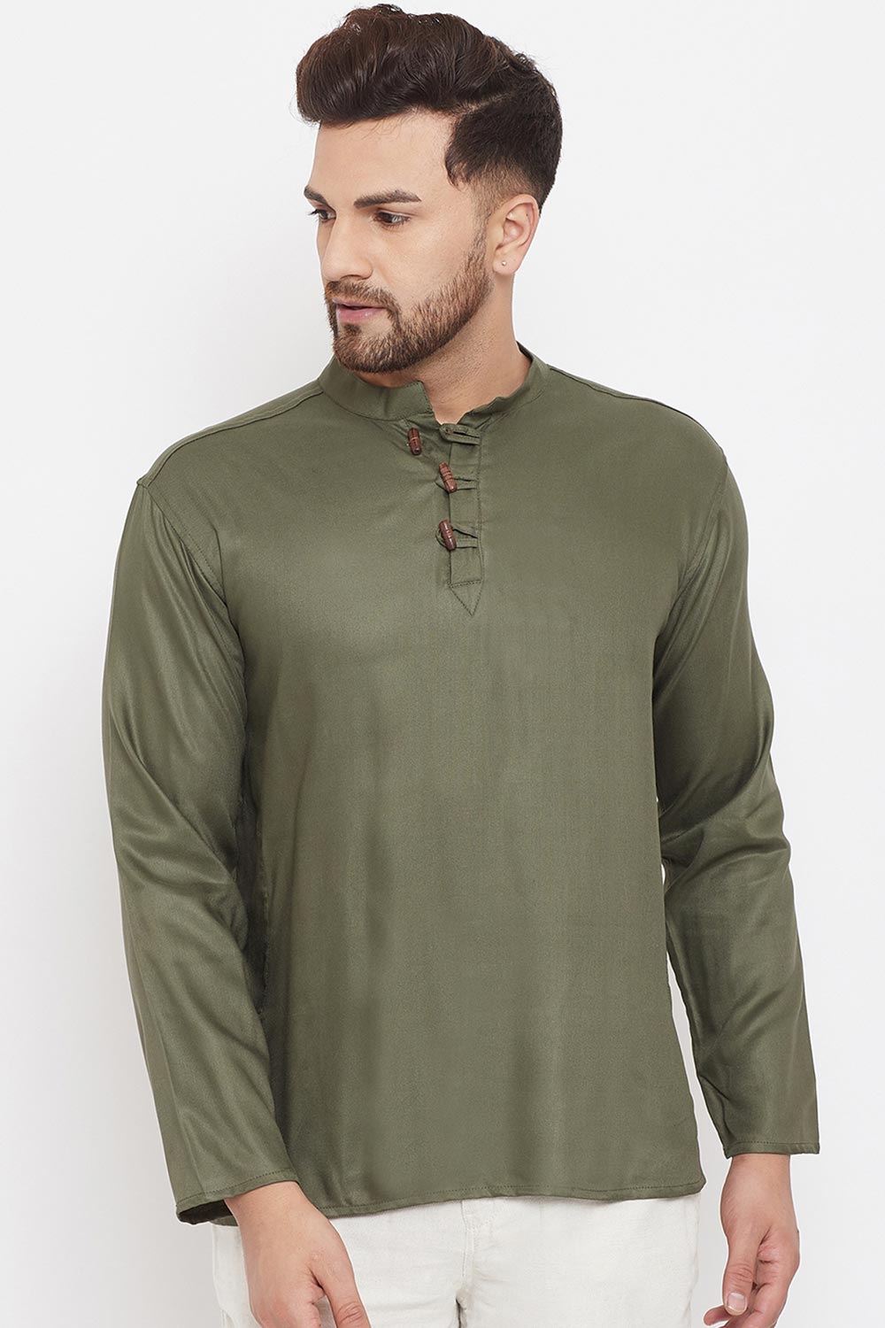 Buy Men's Blended Cotton Solid Short Kurta in Green Online