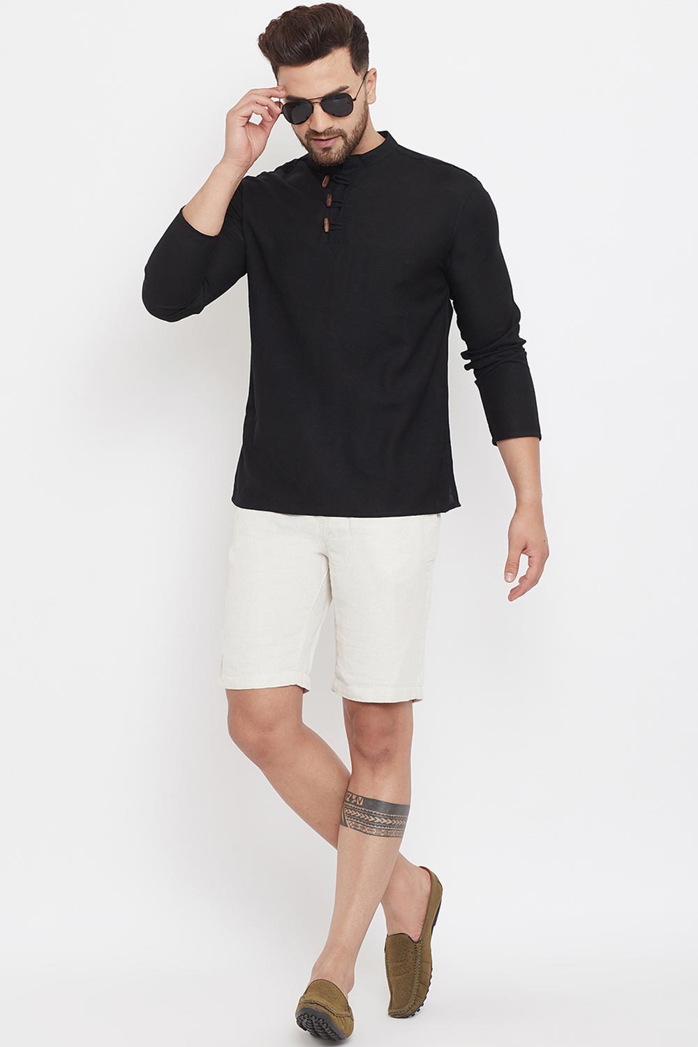 Buy Men's Blended Cotton Solid Short Kurta in Black - Back