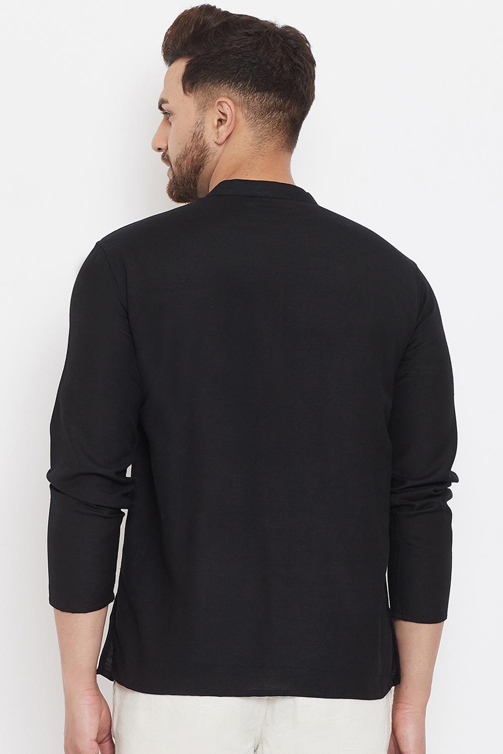 Buy Men's Blended Cotton Solid Short Kurta in Black - Zoom In