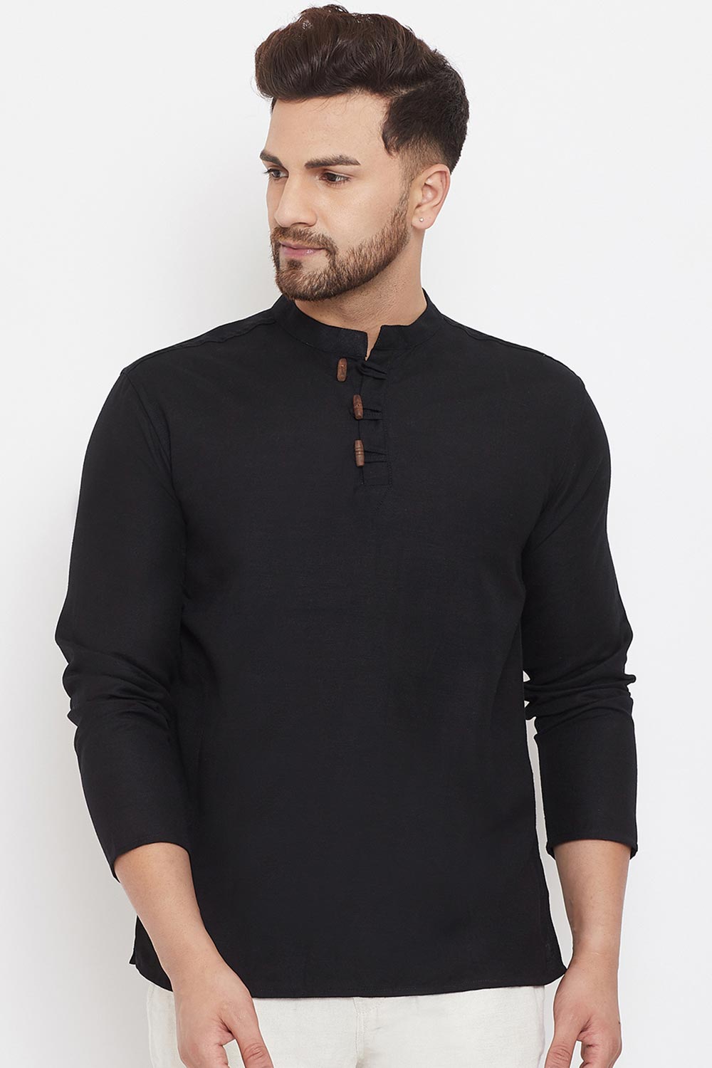 Buy Men's Blended Cotton Solid Short Kurta in Black Online