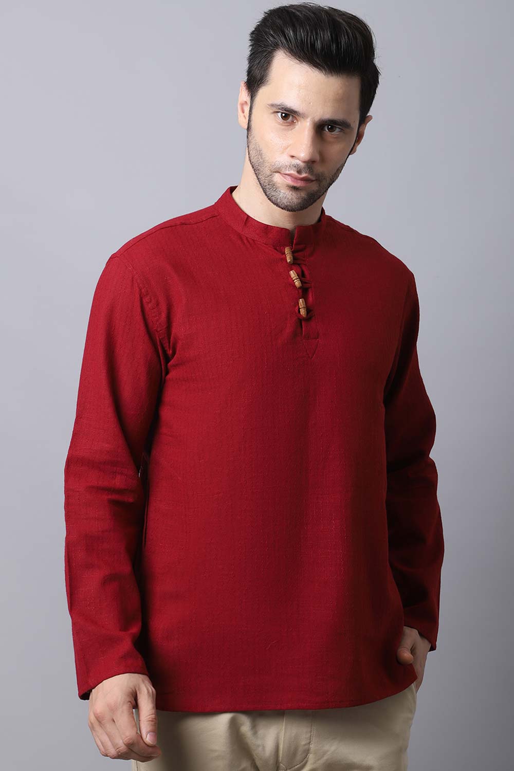 Men's Dark Maroon Solid Full Sleeve Short Kurta Top