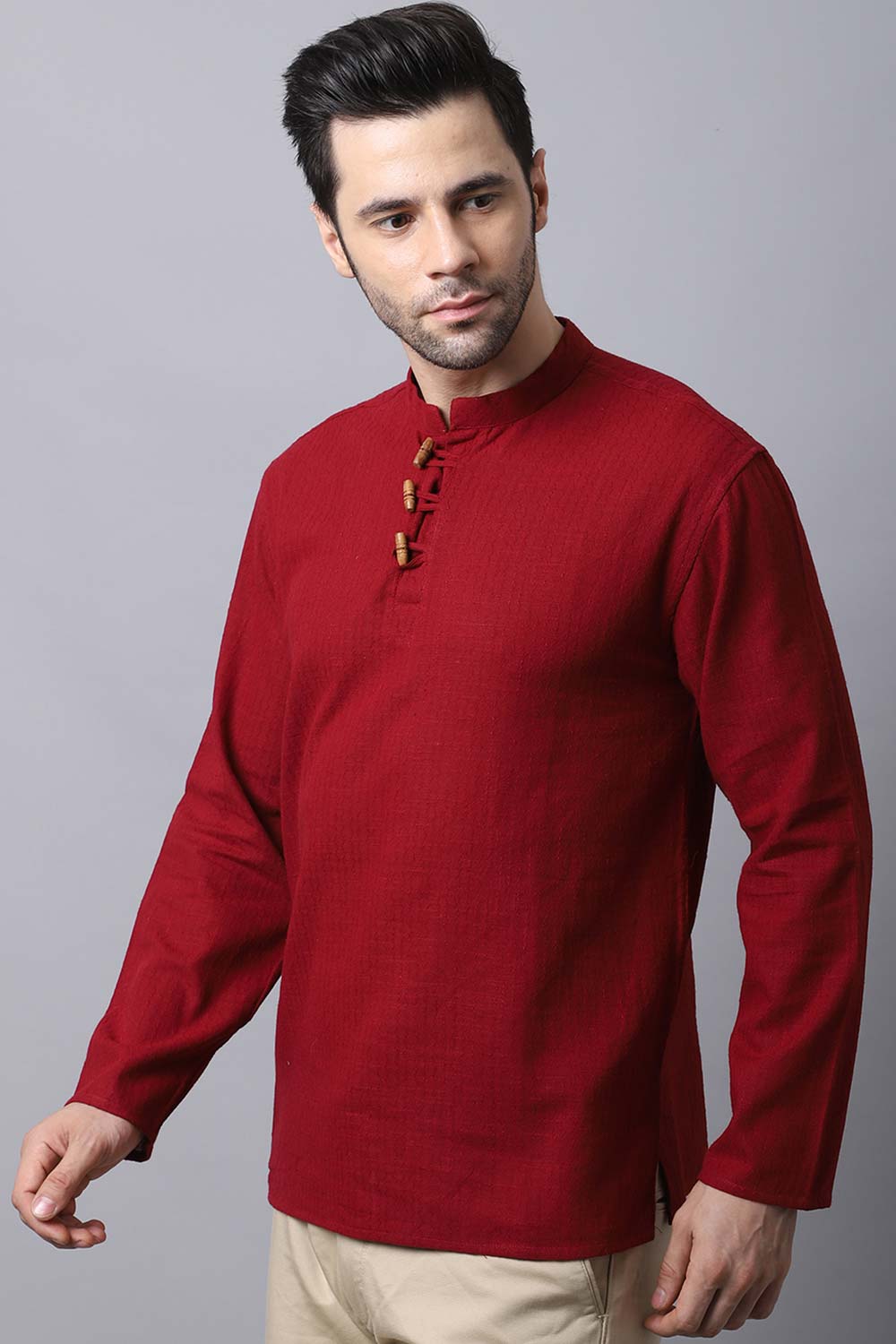 Men's Dark Maroon Solid Full Sleeve Short Kurta Top