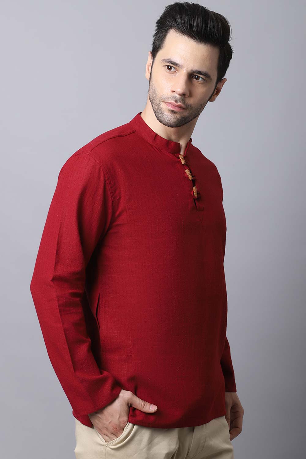 Men's Dark Maroon Solid Full Sleeve Short Kurta Top