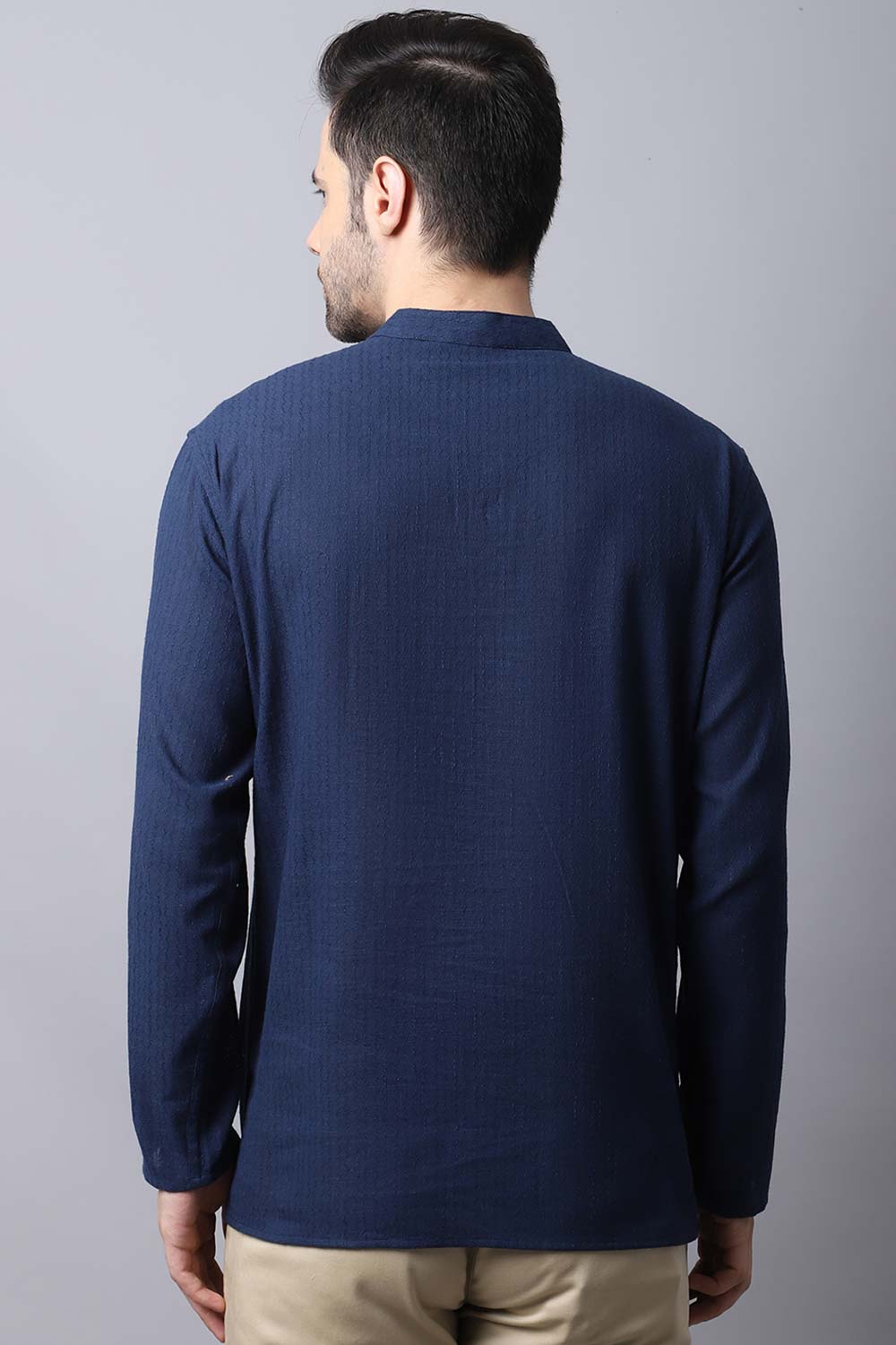 Men's Dark Navy Self-Design Full Sleeve Short Kurta Top