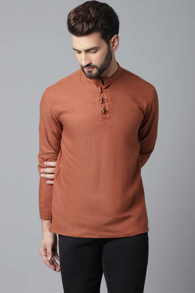Buy Men's Rust Cotton Solid Long Kurta Online - KARMAPLACE