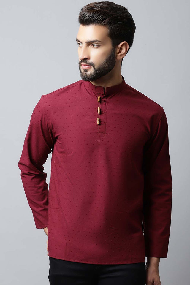 Men's Dark Maroon Self-Design Full Sleeve Short Kurta Top (SKF-SLD1182-MRC)