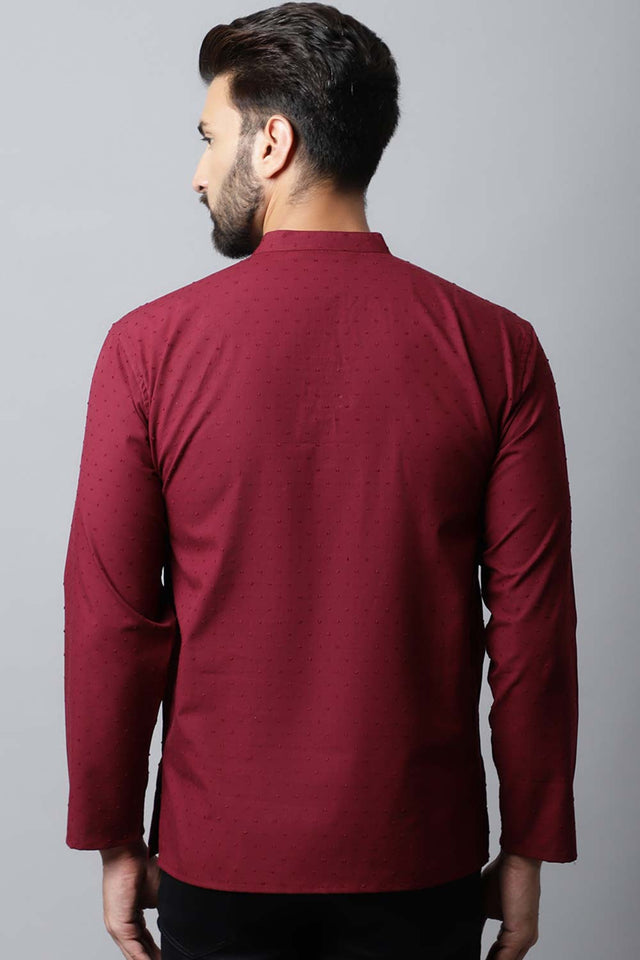 Men's Dark Maroon Self-Design Full Sleeve Short Kurta Top (SKF-SLD1182-MRC)