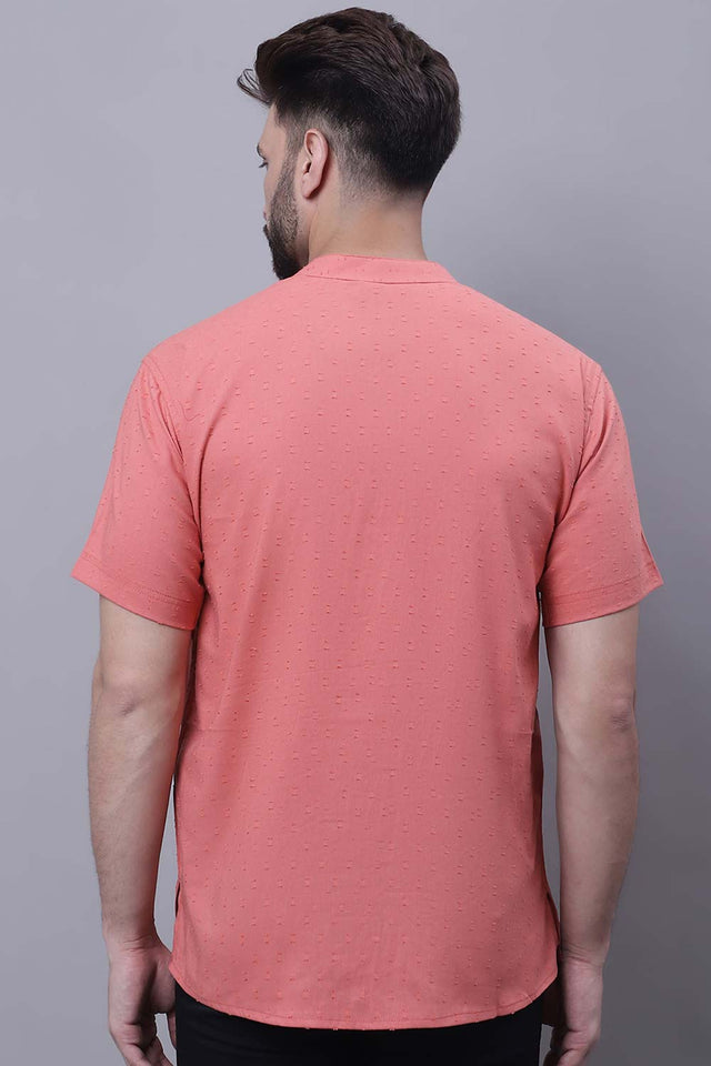 Buy Men's Peach Cotton Self Design Short Kurta Top Online - Front
