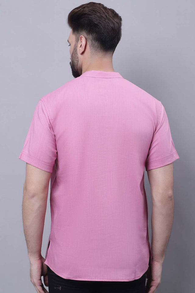 Buy Men's Pink Cotton Solid Short Kurta Top Online - Front