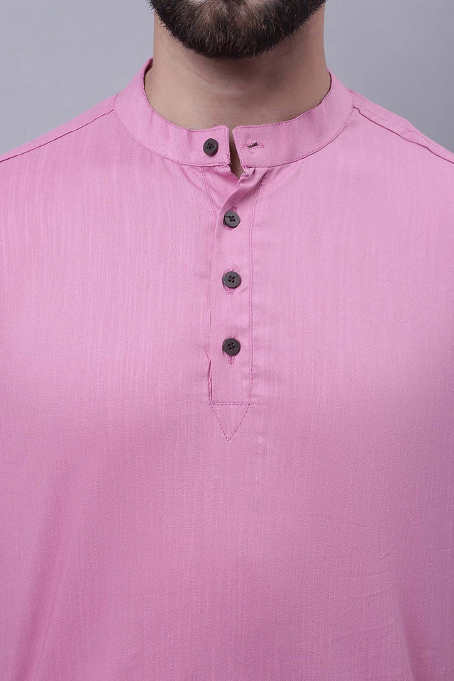Buy Men's Pink Cotton Solid Short Kurta Top Online - Side