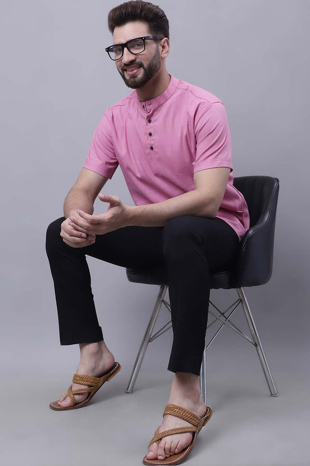 Buy Men's Pink Cotton Solid Short Kurta Top Online - Zoom Out