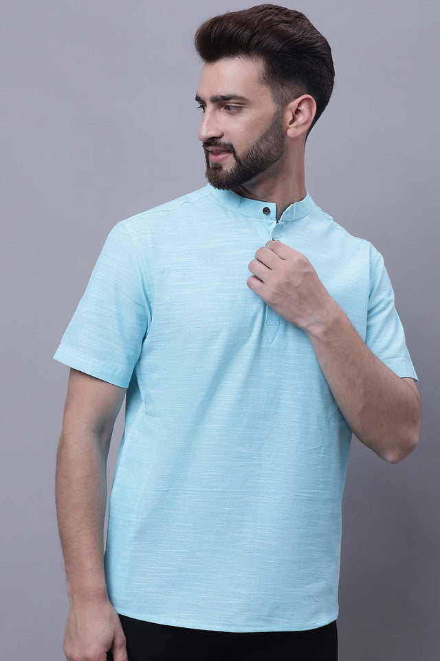 Buy Men's Blue Cotton Solid Short Kurta Top Online - Front