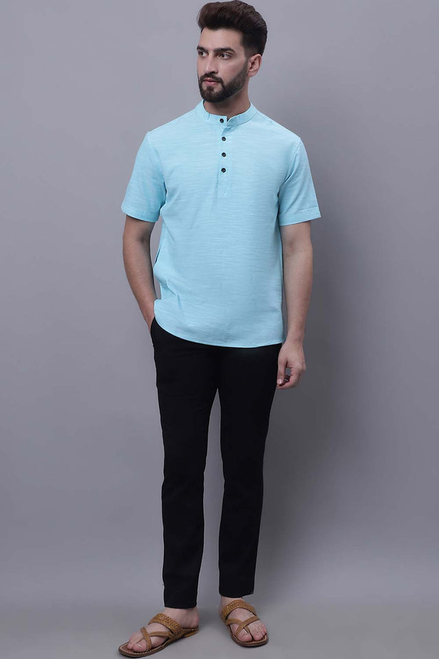 Buy Men's Blue Cotton Solid Short Kurta Top