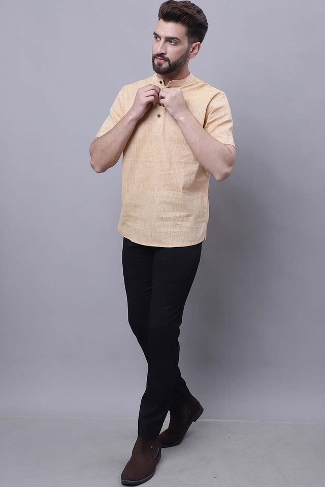 Buy Men's Beige Cotton Self Design Short Kurta Top Online - Zoom In