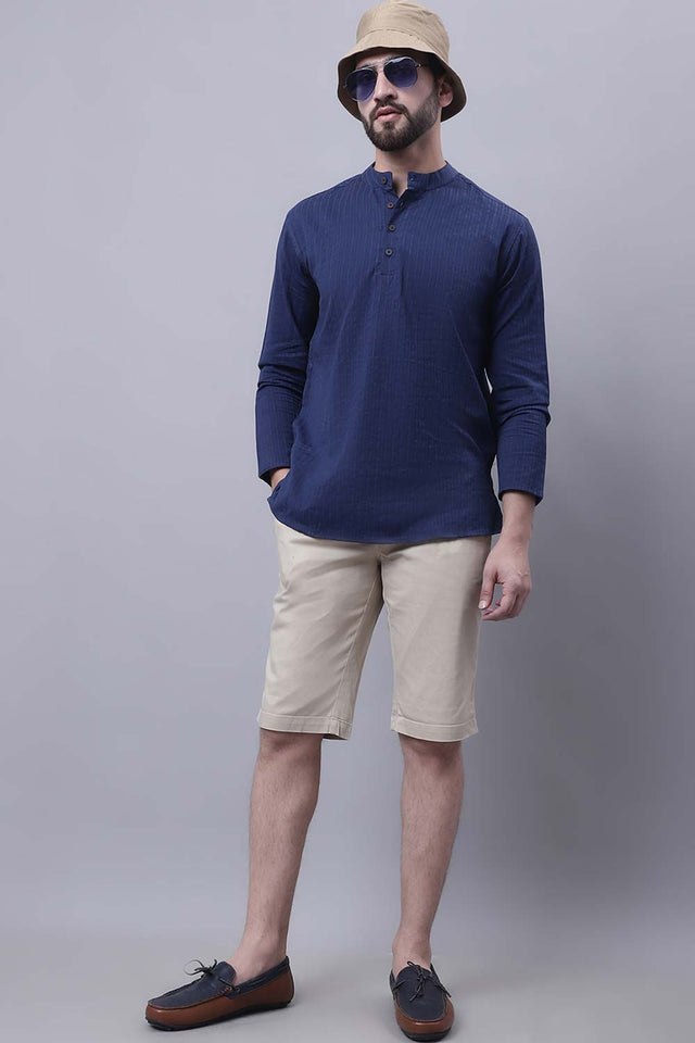 Buy Men's Blue Cotton Striped Short Kurta Top Online - Side